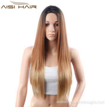 The Best Selling Long Straight Ombre Brown Wigs For Women With Dark Roots Heat Resistant Synthetic Wig